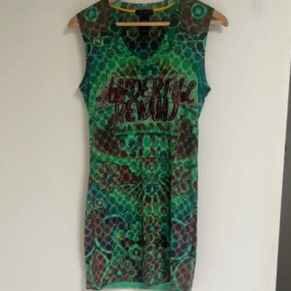 Custo Barcelona Rare Vintage Green Blue and Brown Sleeveless Long Line Top 3 L - Picture 1 of 6
